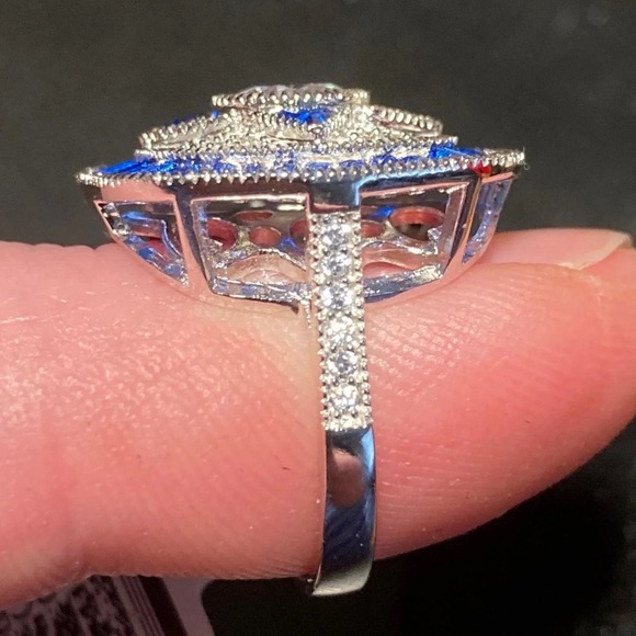 Sapphire and CZ Rhodium Over 925 Sz 5 Ring - Picture 5 of 11